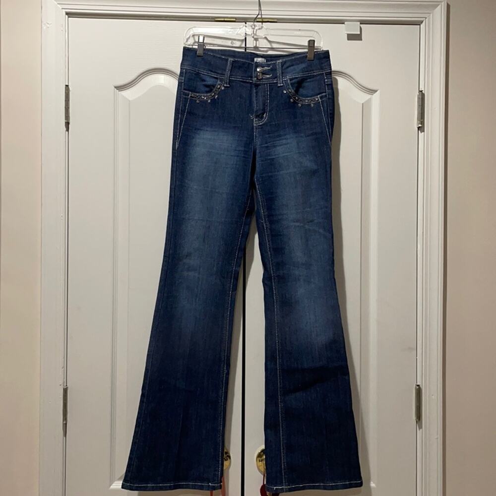 Cache 4 blue denim stretch jeans sequined accents metallic details stretch euc